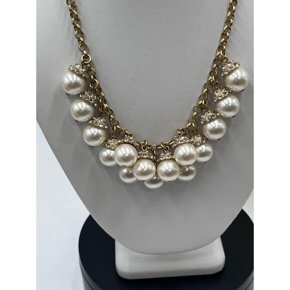 J. Crew Gold-Tone Faux Pearl Rhinestone Dangle Cluster Statement‎ Necklace - Picture 4 of 11